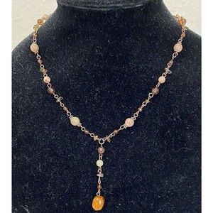 New NY Glitzy Glittery Copper & Rhinestone Y Necklace w Amber Colors 18"+2" Drop
